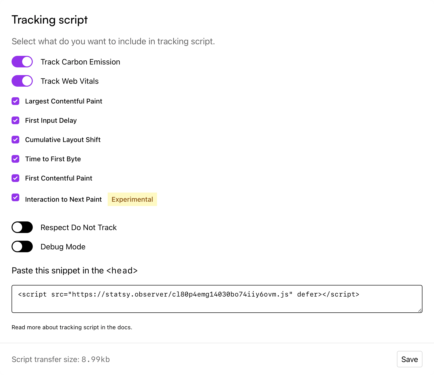 Tracking Script Settings